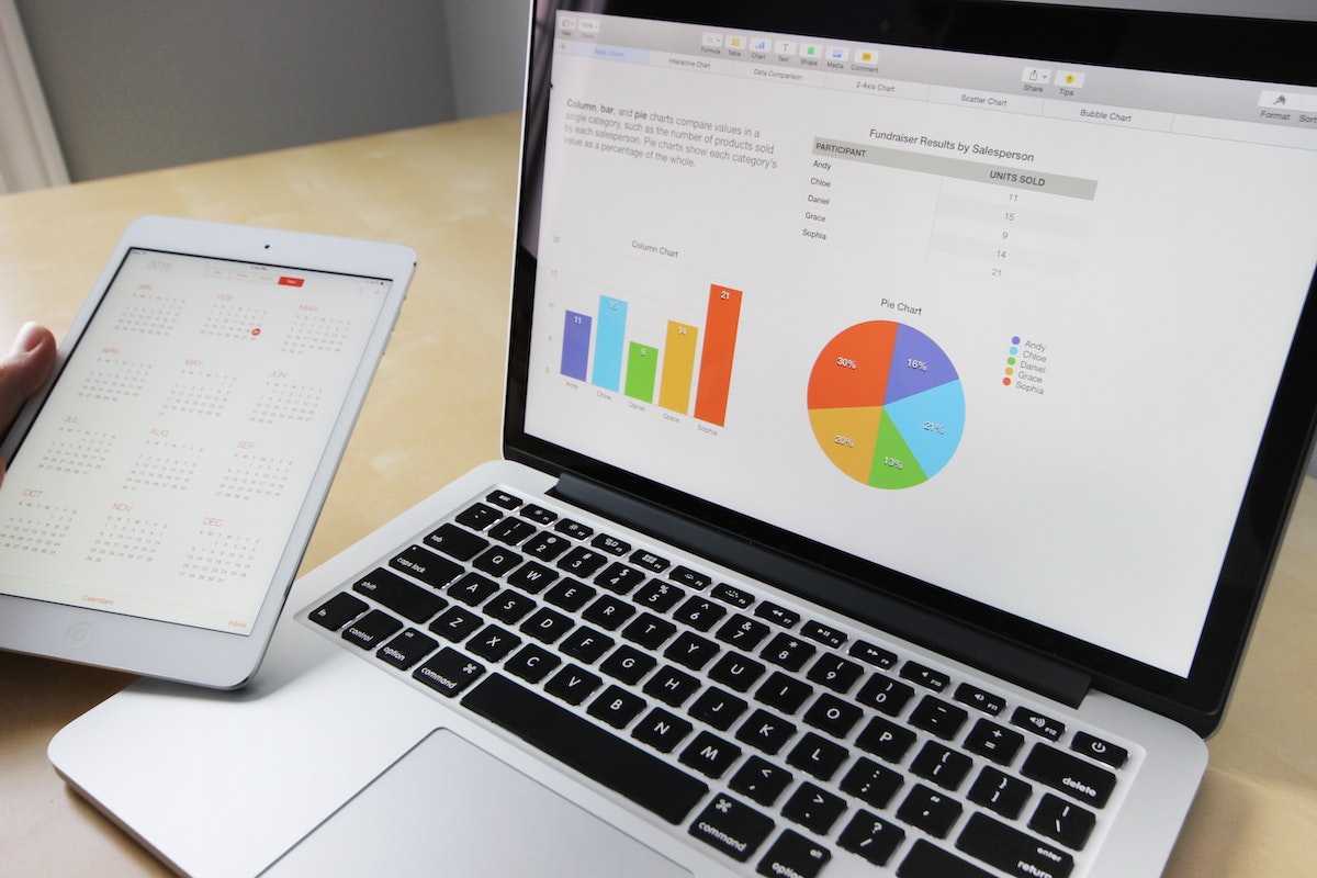 A laptop displays an original pie chart in a PowerPoint marketing presentation.